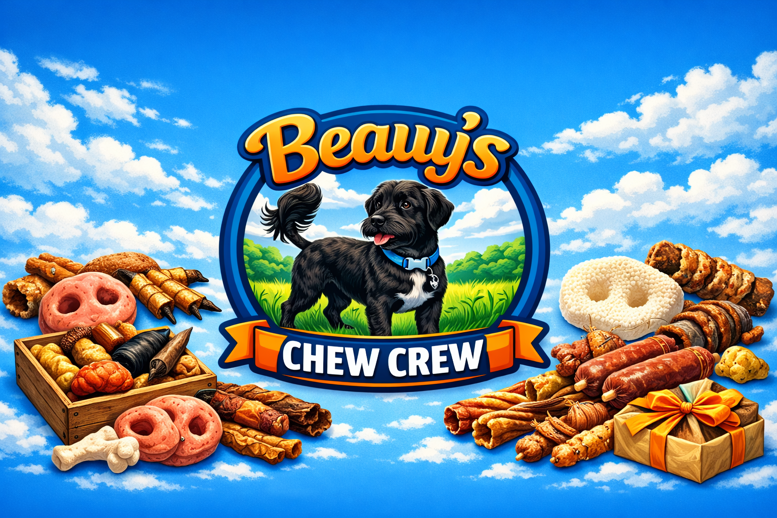 Beauy's Chew Crew dog treats with a blue sky background